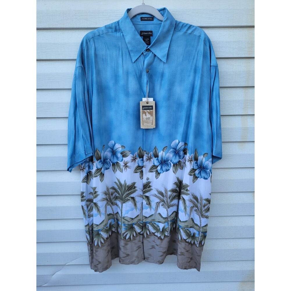 NWT St. John's Bay Island Style Hawaiian Shirt Men XLT Blue Scenic 100% Rayon
